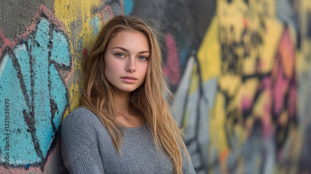 Naklejka premium Young woman poses confidently in front of vibrant graffiti wall during daylight