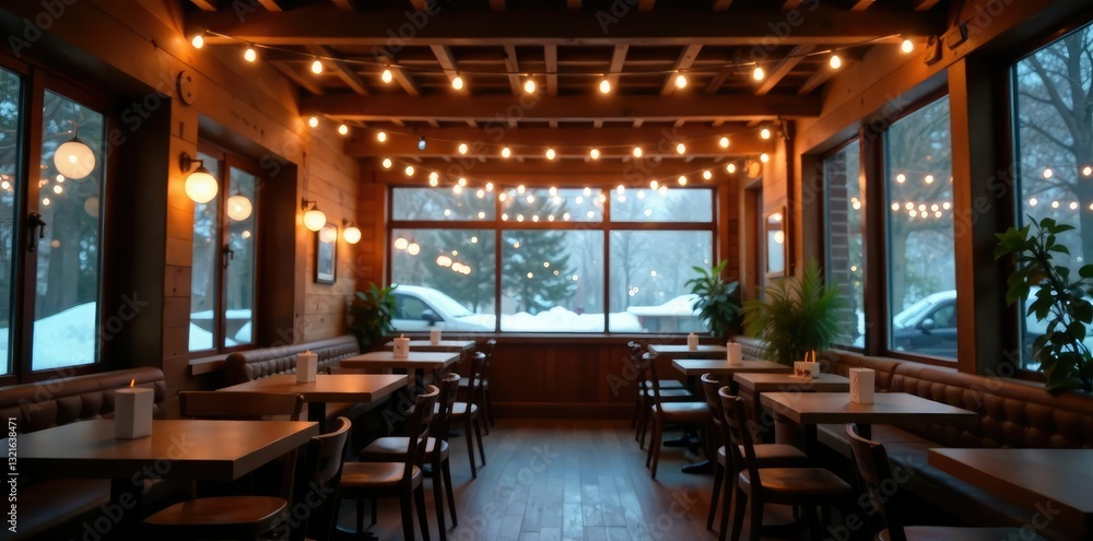 Fototapeta premium Twinkling string lights adorn the coffee shop's wooden beams, ambient, winter