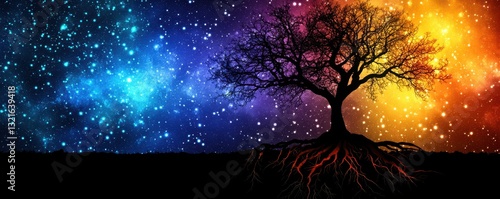 A vibrant cosmic scene featuring a solitary tree against a backdrop of colorful galaxies and stars, symbolizing connection and growth.