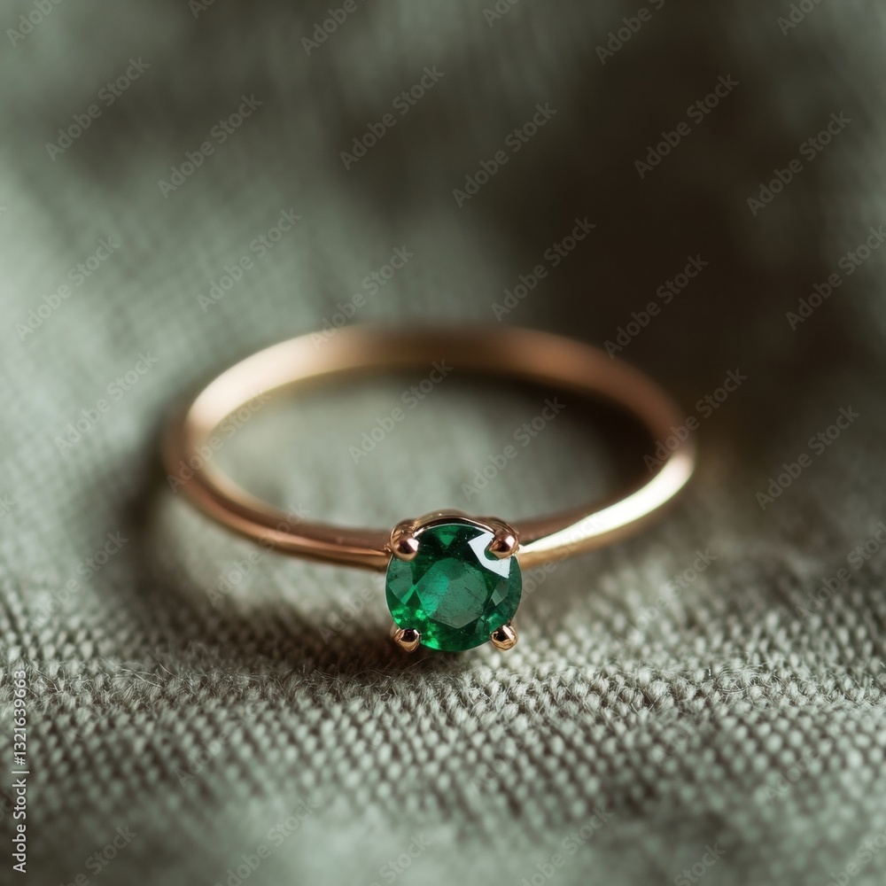 Elegant gold ring featuring a brilliant green emerald gemstone centered on a soft textured fabric background emphasizing luxury and sophistication Elegant gold ring featuring a brilliant green emerald gemstone centered on a soft textured fabric background emphasizing luxury and sophistication