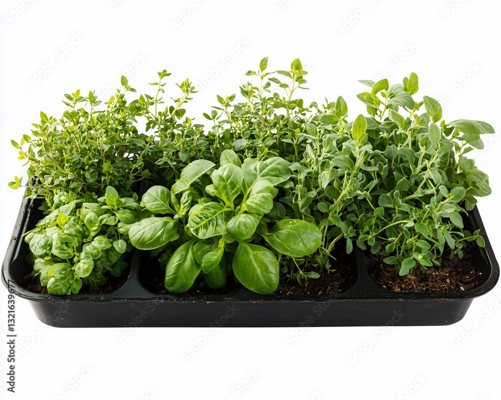 Fresh herbs in a plastic tray, indoors, white background, garden Fresh herbs in a plastic tray, indoors, white background, garden