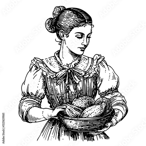 Engraved illustration of a young woman carrying a bowl of freshly harvested fruits in a rustic setting