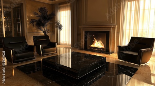 Wallpaper Mural Luxurious living room with fireplace, sunlight, and black furniture.  Possible use for interior design inspiration or home decor Torontodigital.ca