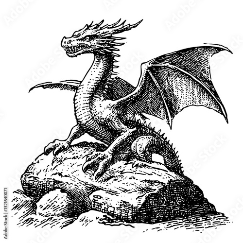 Engraved vector illustration of a majestic dragon perched on a rocky outcrop, embodying strength and mystery in a tattoo design