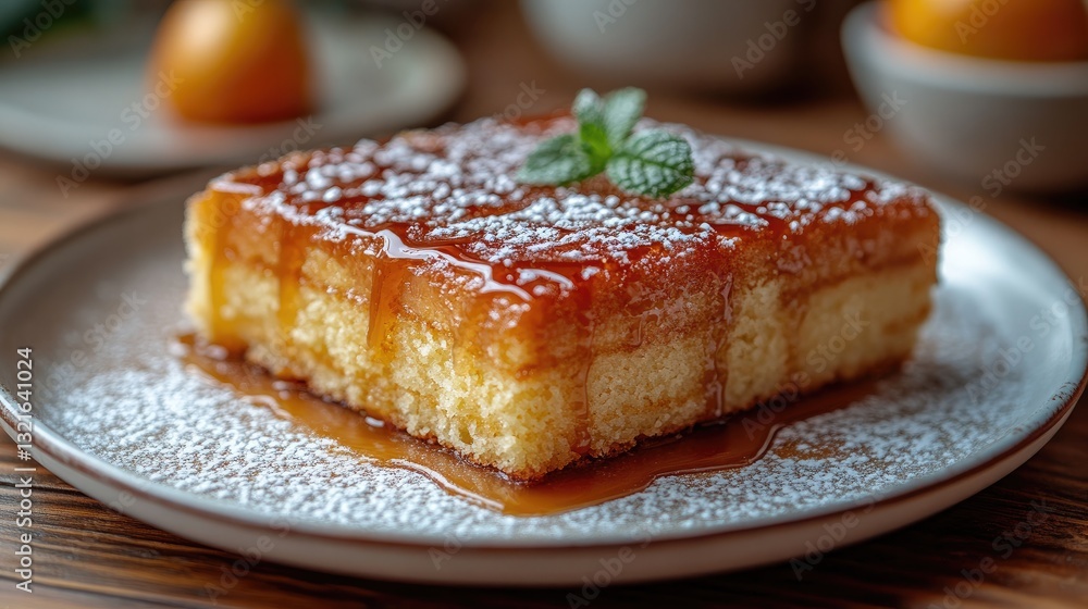 A rectangular slice of creamy dessert with a glossy yellow topping sits on a light blue rectangular plate. A rectangular slice of creamy dessert with a glossy yellow topping sits on a light blue rectangular plate.