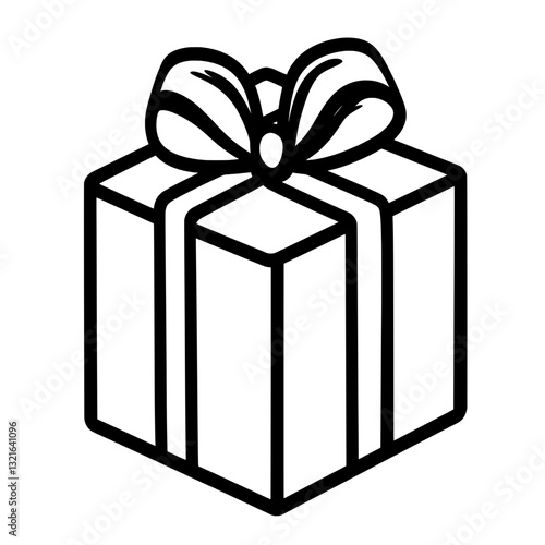 A square gift box wrapped with a ribbon and topped with a large decorative bow, symbolizing joy, appreciation, and festive celebrations in a black and white icon style.