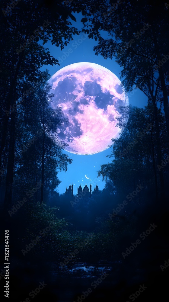 Naklejka premium Full Moon over Silhouetted Forest and Castle