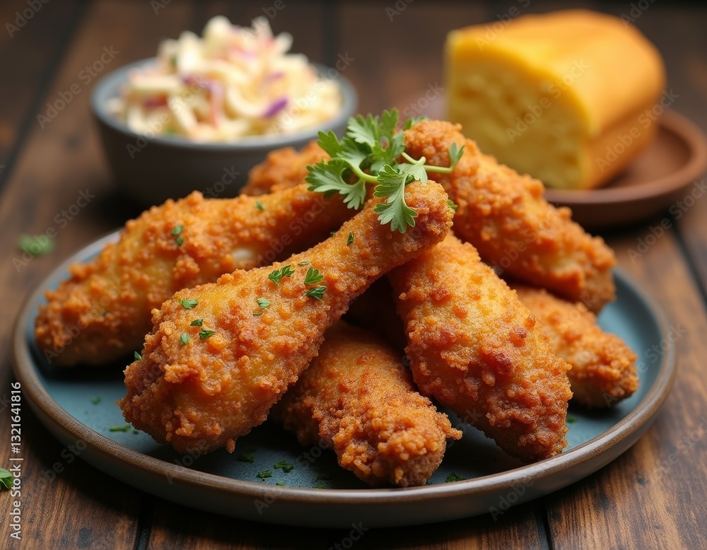 Delicious plate of golden crispy fried chicken served with creamy coleslaw and warm cornbread on a rustic wooden table setting for a comforting and hearty meal experience Delicious plate of golden crispy fried chicken served with creamy coleslaw and warm cornbread on a rustic wooden table setting for a comforting and hearty meal experience