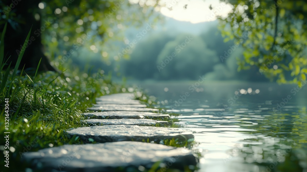 Fototapeta premium Peaceful riverbank with stepping stones leading to calm water and greenery surrounding