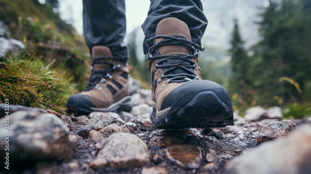 Close-up view of hiking boots on rocky trail during an outdoor adventure in nature Close-up view of hiking boots on rocky trail during an outdoor adventure in nature