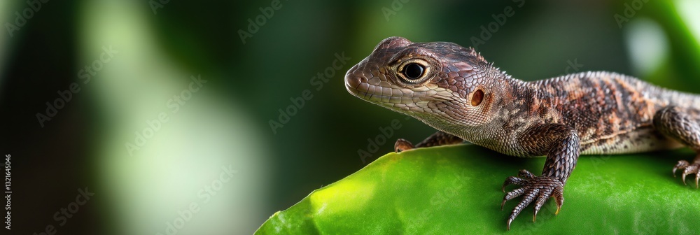 Fototapeta premium A close-up of a lizard lounging on a vibrant green leaf, showcasing its intricate patterns and textures against a lush, blurred background of foliage.
