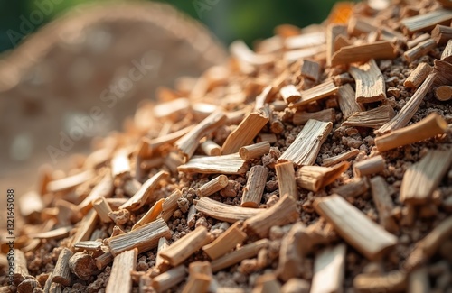 Heap of brown woodchips texture to spread as mulch or make compost. Natural pile of dry shredded wooden material for landscaping, gardening, reusing, reducing waste, alternative energy.