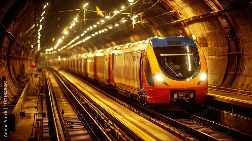 Fototapeta premium Nighttime View of a Modern Train Approaching in a Well-Lit Underground Subway Tunnel