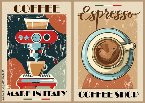 Coffee poster design set in retro mid century modern style. Label collection, template for coffee shop. Vintage vector illustrations of coffee, cappuccino cups top view. Coffee shop sign, logo, banner