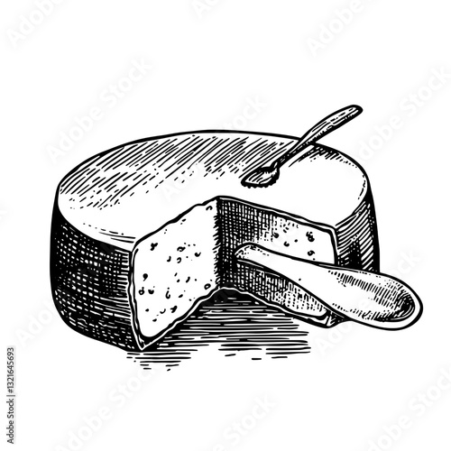 Artistic engraving of a cheese wheel with a carved slice and knife showcases rustic food culture and culinary creativity in vector format
