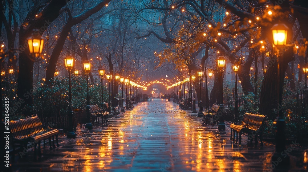 Obraz premium Enchanting cityscape in a rainy park with warm lights creating magical atmosphere