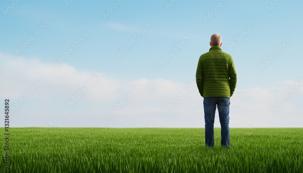 Global warming. man in green jacket stands in vast grassy field under blue sky Global warming. man in green jacket stands in vast grassy field under blue sky