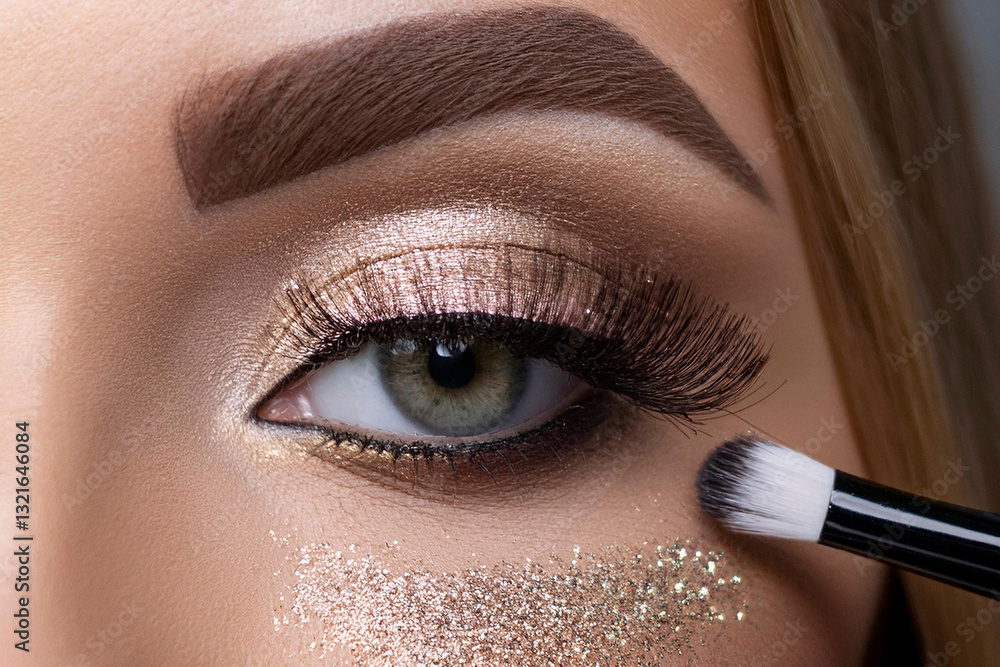 Naklejka premium Generative AI beautiful woman girl in beauty salon makeup artist applying evening eye makeup with eye brush, with shimmer eyeshadow