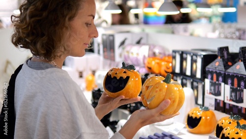 Young woman browsing seasonal decorations, comparing small orange ceramic pumpkins while standing in supermarket aisle during festive halloween shopping experience
