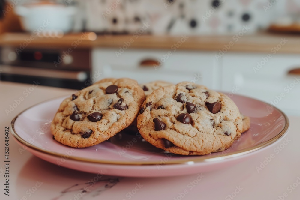 Chocolate chip cookies on pink plate in kitchen. Neural network AI generated Chocolate chip cookies on pink plate in kitchen. Neural network AI generated