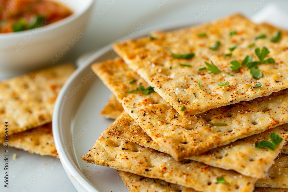 Spicy crackers on plate with salsa and herbs. Neural network AI generated Spicy crackers on plate with salsa and herbs. Neural network AI generated