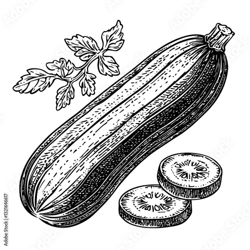 Engraved vector illustration of a zucchini with fresh leaves and sliced pieces ideal for tattoo design or artistic packaging