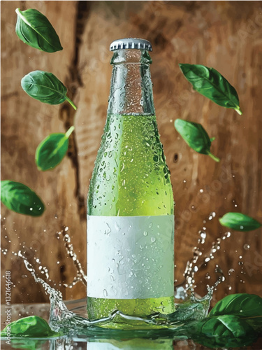 3d botal renders, water bottle, mint soda bottle, 3d realistic render, water droplets, wood, background,,plant, drinking water bottle