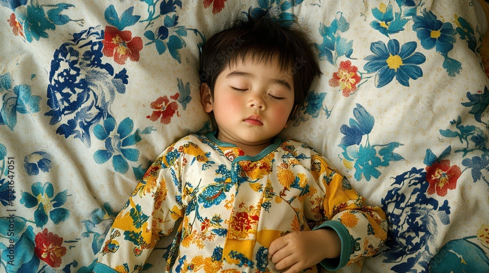 Sleeping toddler in colorful pajamas rests peacefully on floral bedding in a cozy bedroom setting Sleeping toddler in colorful pajamas rests peacefully on floral bedding in a cozy bedroom setting