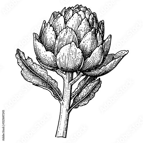 Engraved vintage illustration of an artichoke with detailed leaves perfect for tattoos and packaging design