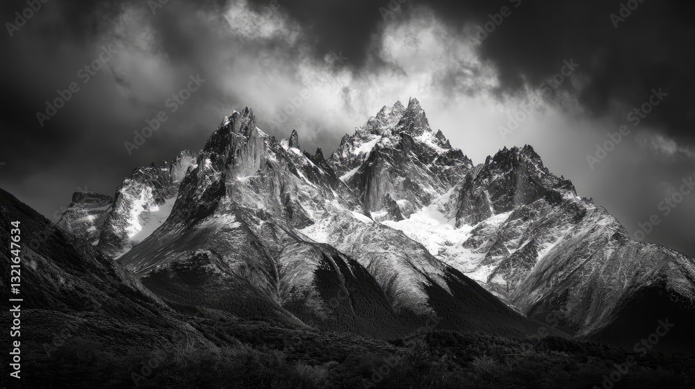Obraz premium Monochrome majesty, jagged peaks pierce dramatic cloudy skies