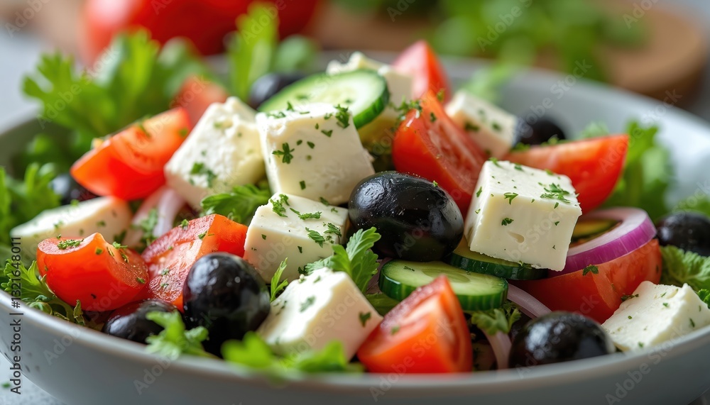 Close-up of greek salad with feta cheese cubes, sliced tomatoes, cucumbers, black olives, red onion, and fresh herbs. Healthy light summer dish, mediterranean diet, tasty vibrant colorful meal. Close-up of greek salad with feta cheese cubes, sliced tomatoes, cucumbers, black olives, red onion, and fresh herbs. Healthy light summer dish, mediterranean diet, tasty vibrant colorful meal.