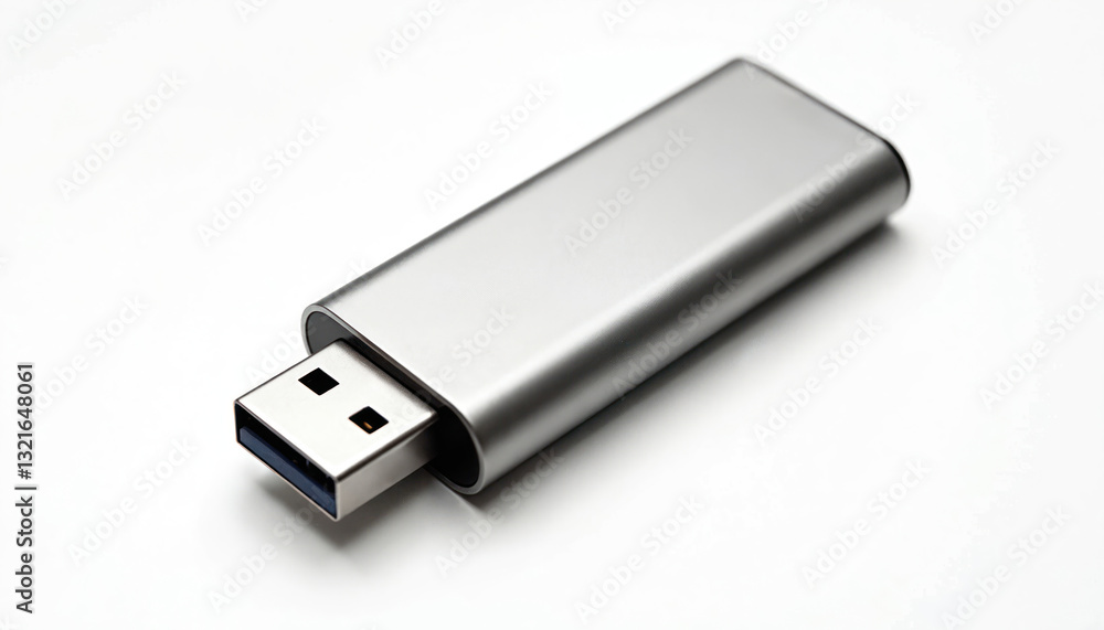Silver USB memory stick isolated on white background. Modern minimalistic tech design concept. Flash drive for computer data storage. Portable device for file transfer, backup. Computer accessory Silver USB memory stick isolated on white background. Modern minimalistic tech design concept. Flash drive for computer data storage. Portable device for file transfer, backup. Computer accessory