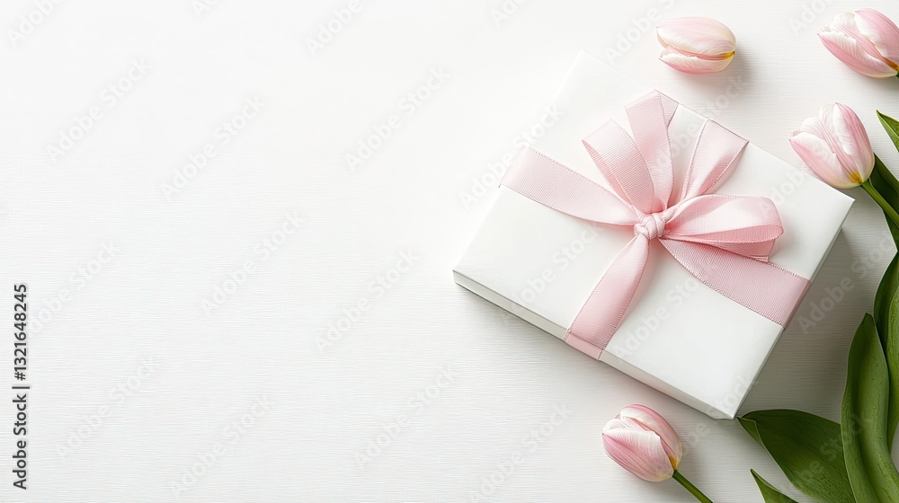 Delicate gift box adorned with a pink ribbon placed next to fresh tulips on a soft white backdrop, ideal for thoughtful presents. Delicate gift box adorned with a pink ribbon placed next to fresh tulips on a soft white backdrop, ideal for thoughtful presents.