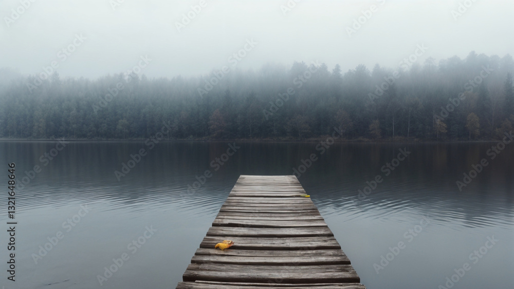 A mysterious and serene morning scene of a wooden dock extending into a foggy lake. The misty atmosphere adds a sense of tranquility and solitude. A mysterious and serene morning scene of a wooden dock extending into a foggy lake. The misty atmosphere adds a sense of tranquility and solitude.