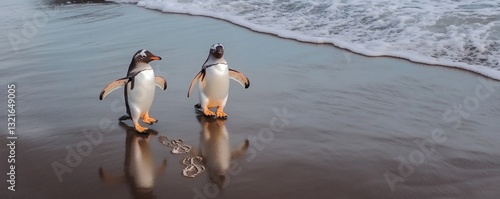 Two penguins are walking on a sandy beach near the ocean