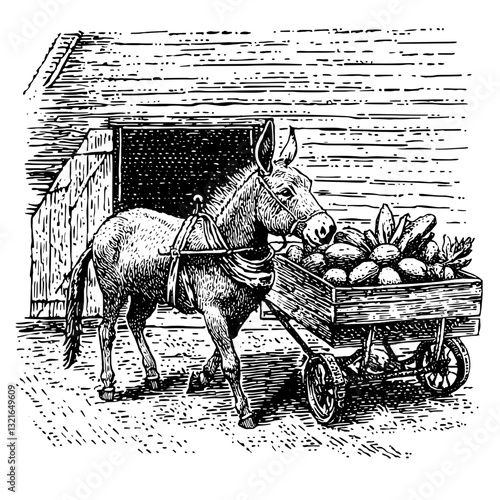 Engraved vector illustration of a donkey pulling a cart laden with fresh produce in a rustic setting