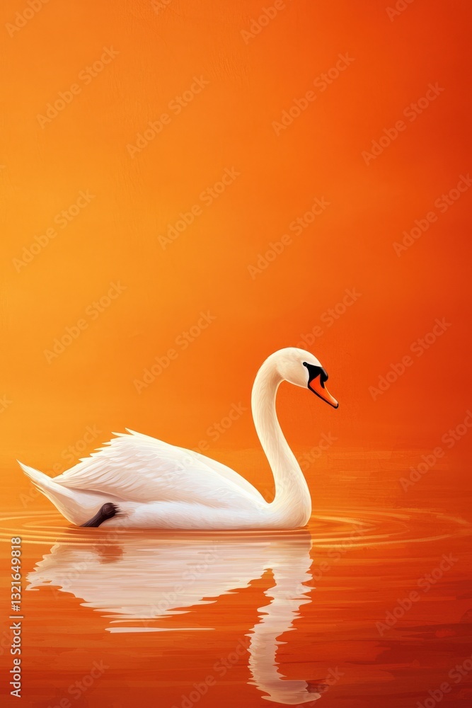 A white swan is swimming in a pond with orange water A white swan is swimming in a pond with orange water