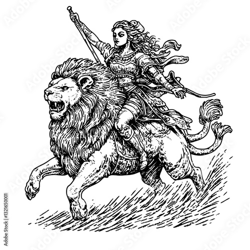 Warrior riding a majestic lion, embracing strength and courage in an elaborate engraved design