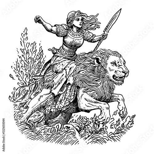 Warrior maiden riding fierce lion with spear in hand, showcasing strength and courage through engraved artistry