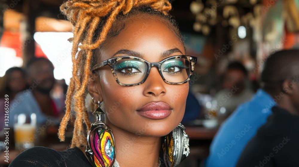 Obraz premium A person with striking features and colorful accessories enjoys their time at a cafe packed with friends