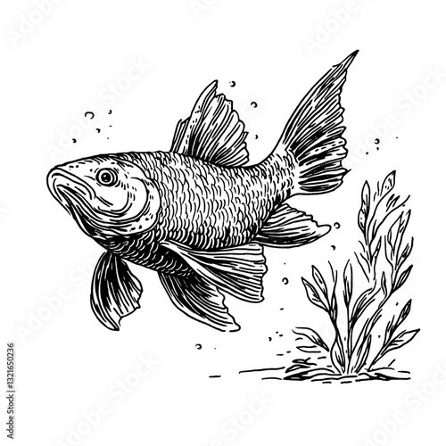 Engraved illustration of a graceful fish swimming among aquatic plants in a tranquil underwater environment for tattoo design
