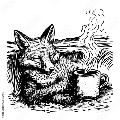 Relaxing fox enjoying a warm cup of tea in a peaceful natural setting surrounded by serene landscapes