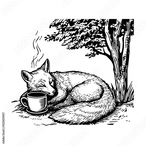 Cozy fox resting with a warm cup beside a tranquil tree in a serene woodland setting