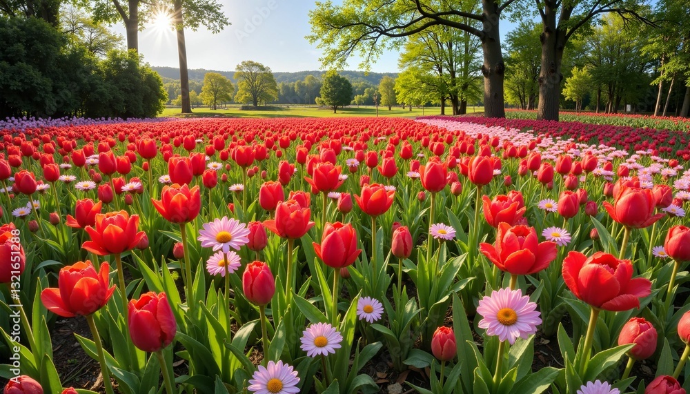 Vibrant tulip field with daisies under sunny blue sky Vibrant tulip field with daisies under sunny blue sky