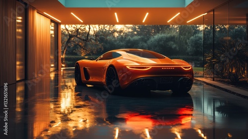 Luxury Orange Sports Car in Modern Garage at Sunset