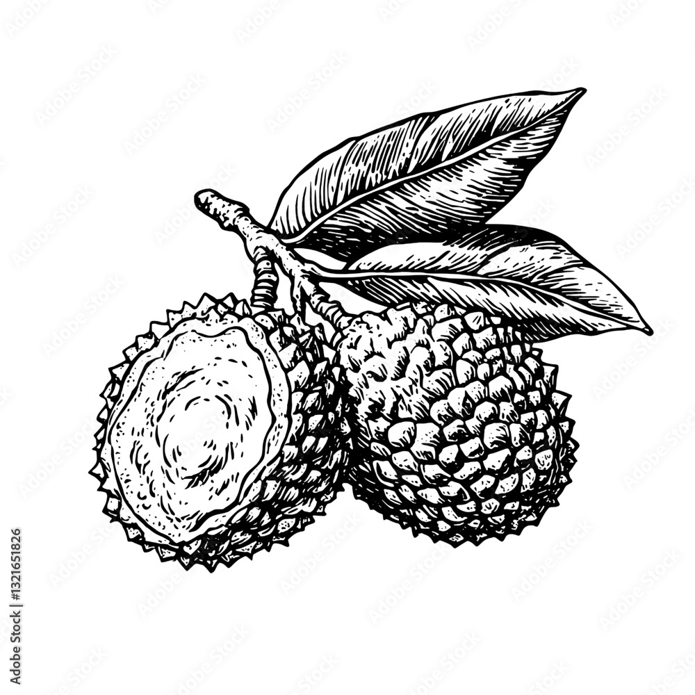 Fototapeta premium Engraved vector illustration of exotic fruits with leaves designed for tattoo and packaging purposes