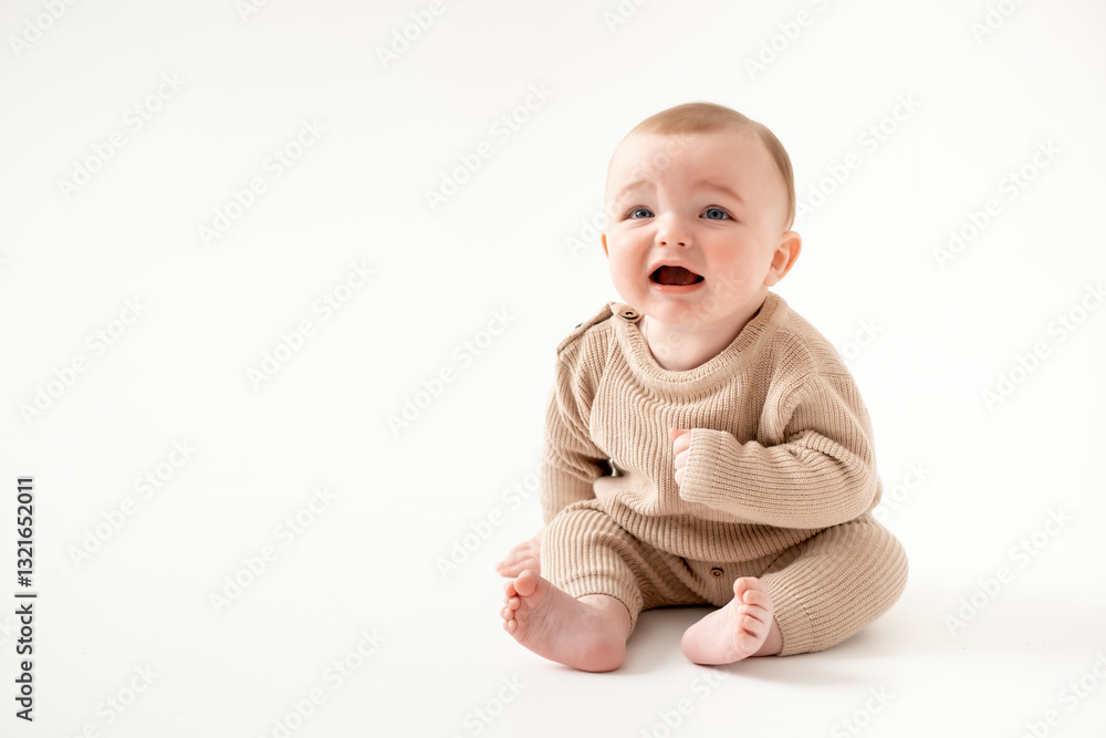 a crying baby on an isolated white background, a small boy crying or calling for his mother in a brown knitted suit a crying baby on an isolated white background, a small boy crying or calling for his mother in a brown knitted suit