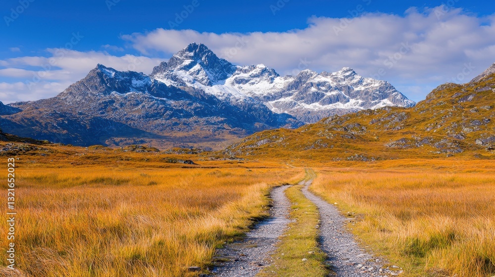 Obraz premium Scenic Pathway Through Vibrant Golden Grassland Leading to Majestic Snowy Mountains
