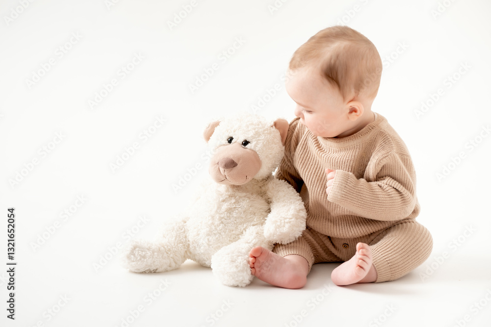 A cute baby on an isolated white background, a small child boy in a brown knitted suit with a stuffed teddy bear