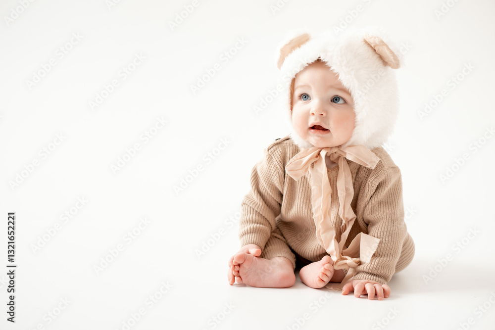 A cute baby on an isolated white background, a small child boy in a brown knitted suit wearing a hat with ears A cute baby on an isolated white background, a small child boy in a brown knitted suit wearing a hat with ears